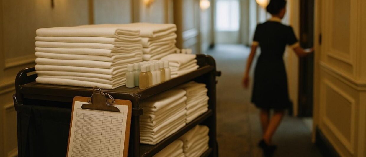 Housekeeping-Wagen mit Wäsche und Klemmbrett im Hotelgang, Mitarbeiterin von hinten an Zimmertür