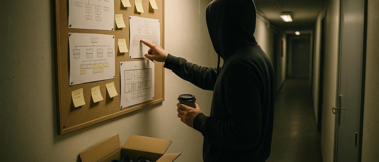 Rückenansicht einer Person vor einem Pinboard mit durchgestrichenen Namen im Generator-Backoffice