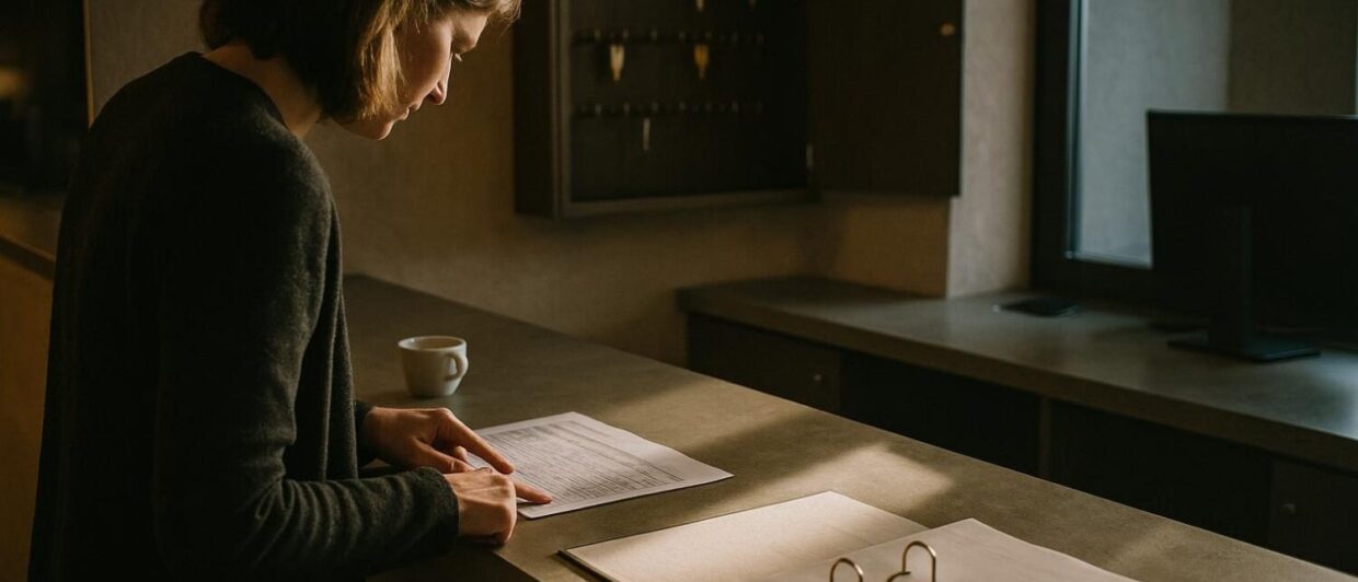Frau von hinten an Hotelrezeption, prüft Papierliste, Morgenlicht, Harry's Home Lobby