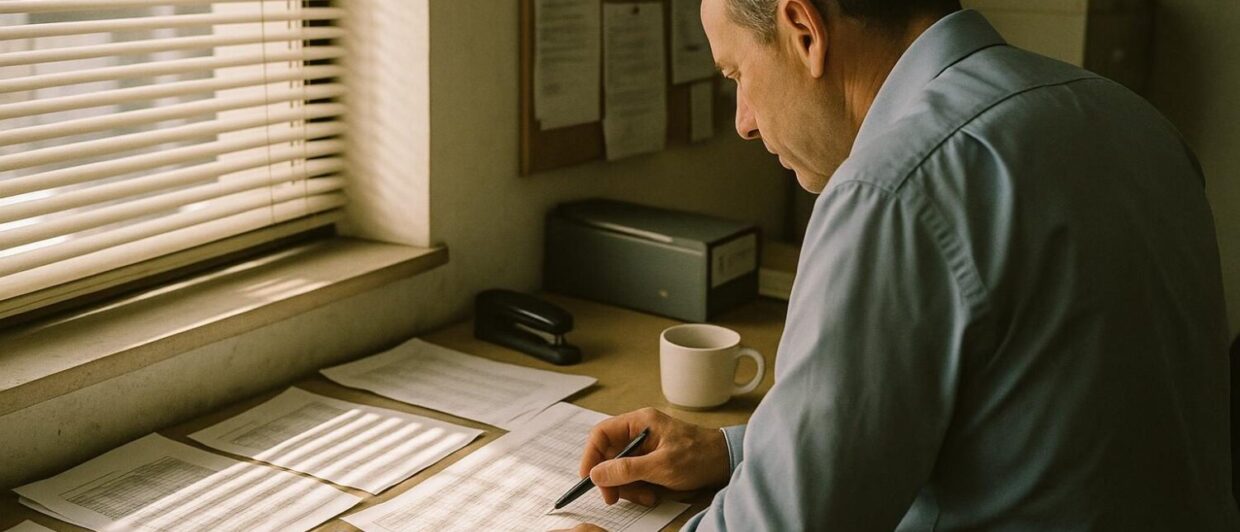 Mann im Backoffice prüft Zahlenkolonnen auf ausgedruckten Tabellen, Ablage und Kaffeebecher im Vordergrund