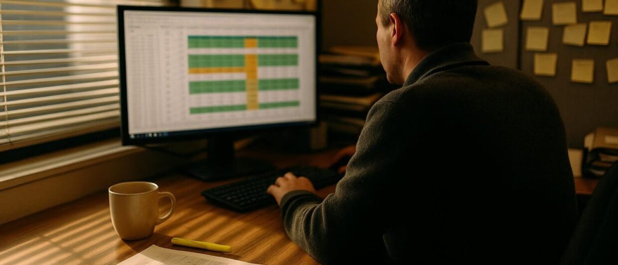 Hotelbackoffice: Mitarbeiterin von hinten am Bildschirm mit Ratenkalender, beschriftete Ausdrucke auf dem Schreibtisch