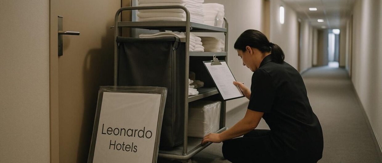 Housekeeping-Wagen mit neuem Leonardo-Hotelschild im Flur eines übernommenen Hotels