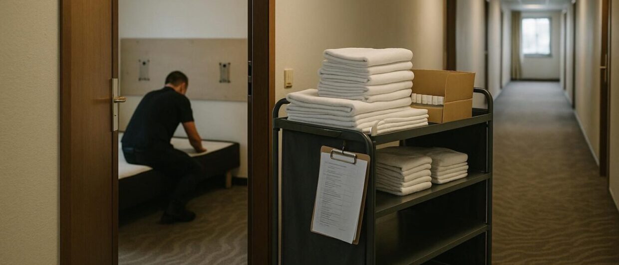 Hotelflur mit Hausdame-Wagen, demontiertes Kopfteil lehnt an Zimmerwand, Mitarbeiterin arbeitet im Hintergrund