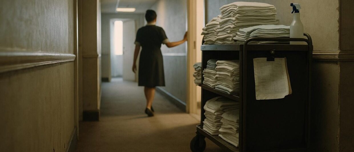 Housekeeping-Wagen mit Wäsche und Reinigungsmittel im Hotelflur, Mitarbeiterin von hinten an Zimmertür