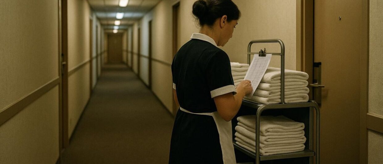 Housekeeping-Mitarbeiterin prüft Liste neben beladenem Servierwagen in schmalem Hotelkorridor, Rückenansicht