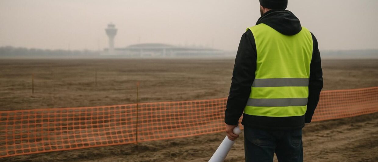 Baustelle am Münchner Flughafen-Campus: Arbeiter mit Warnweste blickt auf unbebautes Areal, Terminal im Dunst