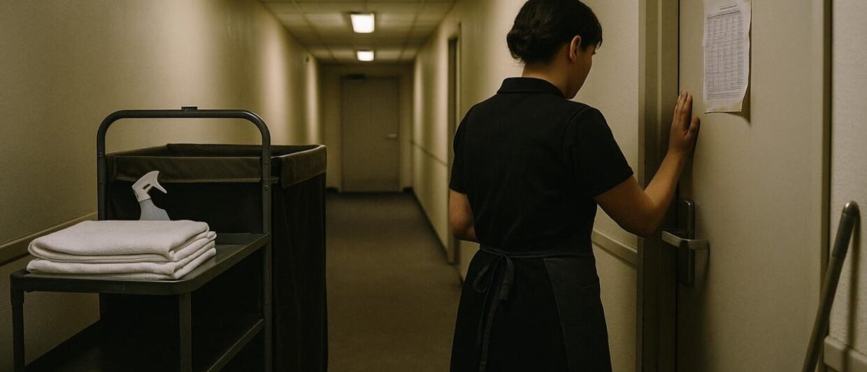 Housekeeping-Gang eines Hotels: Mitarbeiterin von hinten liest Dienstplan, Wagen mit Handtüchern daneben