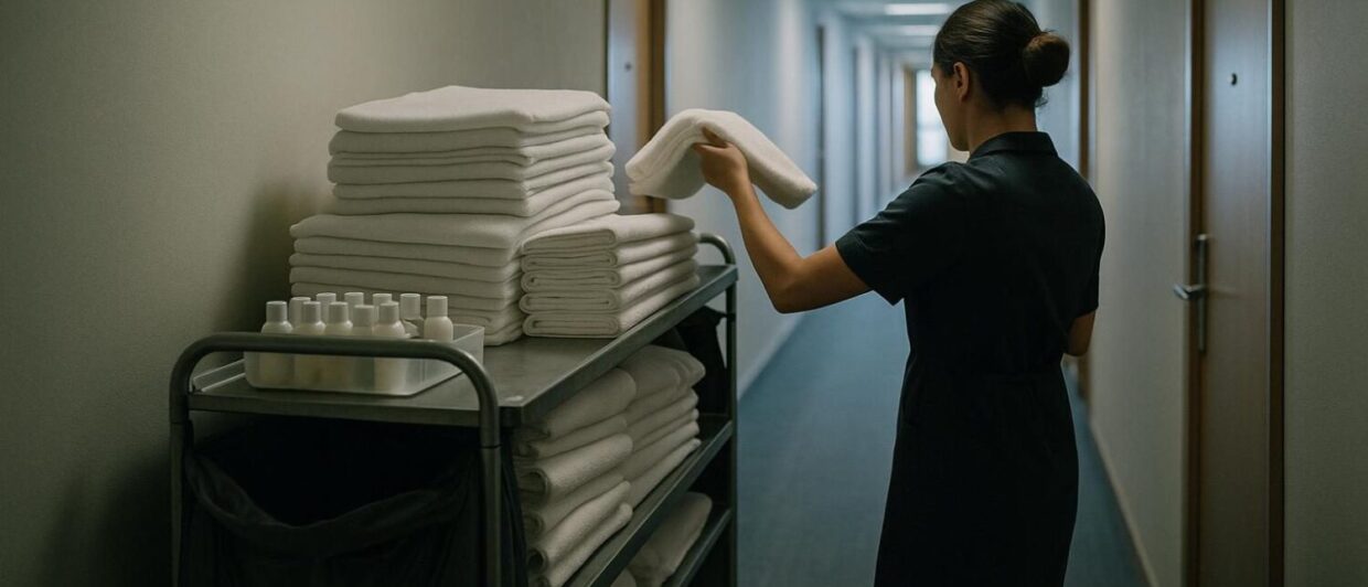 Housekeeping-Wagen mit Wäsche im Hotelgang, Mitarbeiterin von hinten, Morgenlicht